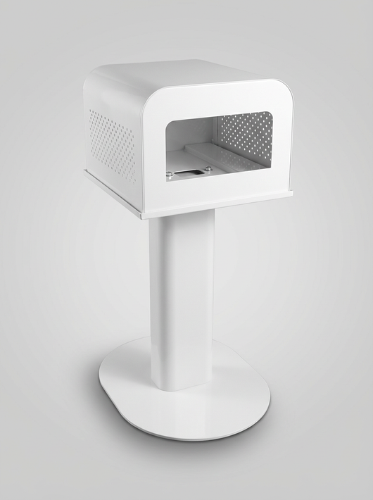 DS620 printer stand by True Backdrops, sturdy black metal frame with adjustable shelves for professional printing equipment.