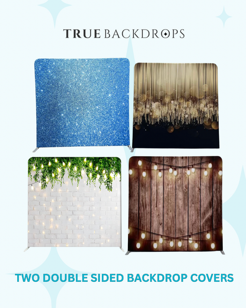 Two double-sided pillowcover backdrops with customizable designs, featuring vibrant patterns and soft fabric textures.