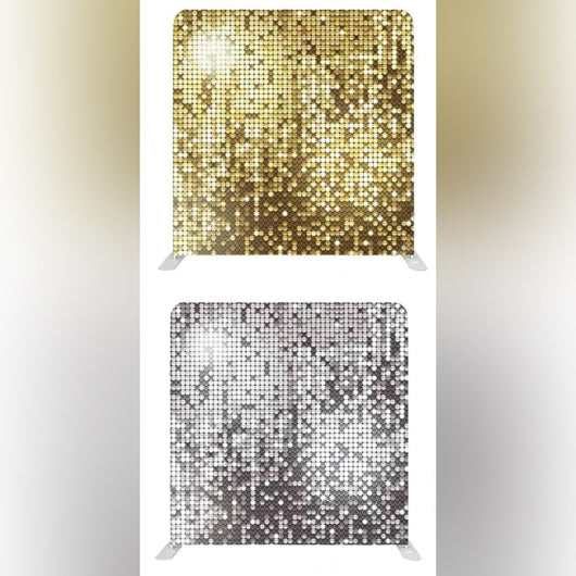 Double-sided gold and silver sparkle pillow cover backdrop with shimmering fabric, ideal for photography and decorative settings.
