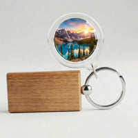 Event-ready acrylic photo keychain set with wooden tags, perfect for photo booth accessories by True Backdrops.