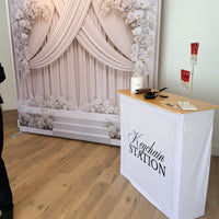 Keychain Station Fabric Pop Up Counter by RecycleDisplay, showcasing the portable fabric display with keychain accessories.