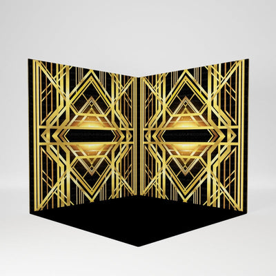 Room scene with RecycleDisplay premium 8x8x8 3D photo booth backdrop in an indoor setting with furniture and lighting.