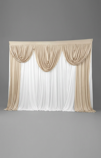 Pre-swagged drapery backdrop with pole pocket from True Backdrops, showcasing soft fabric and easy hanging design
