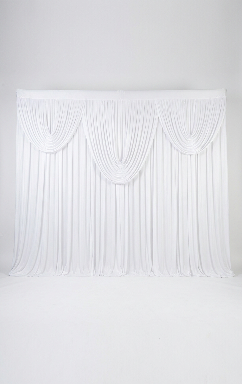 Pre-swagged drapery backdrop with pole pocket from True Backdrops, featuring soft fabric and easy hanging for photography or events.