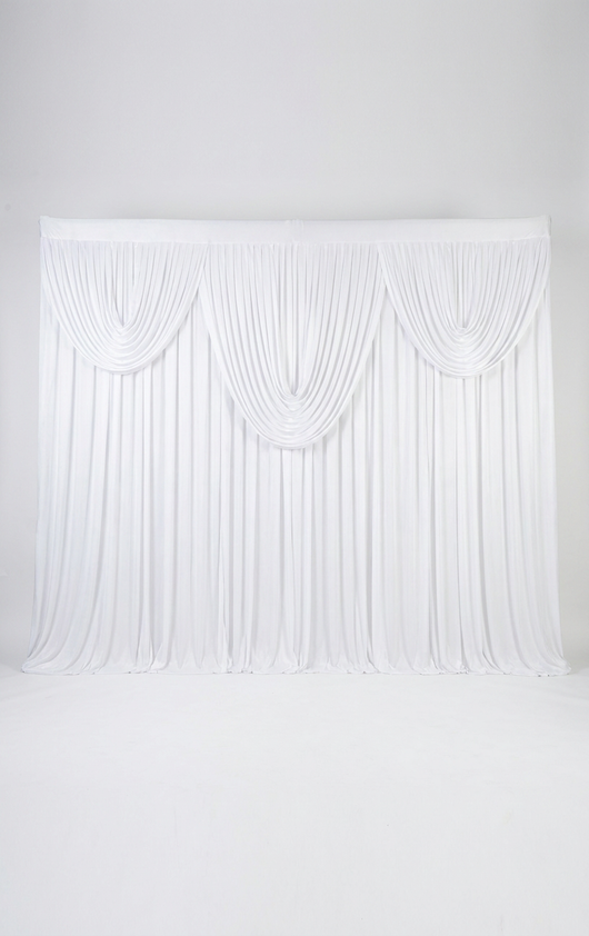 Pre-swagged drapery backdrop with pole pocket from True Backdrops, featuring soft fabric and easy hanging design.