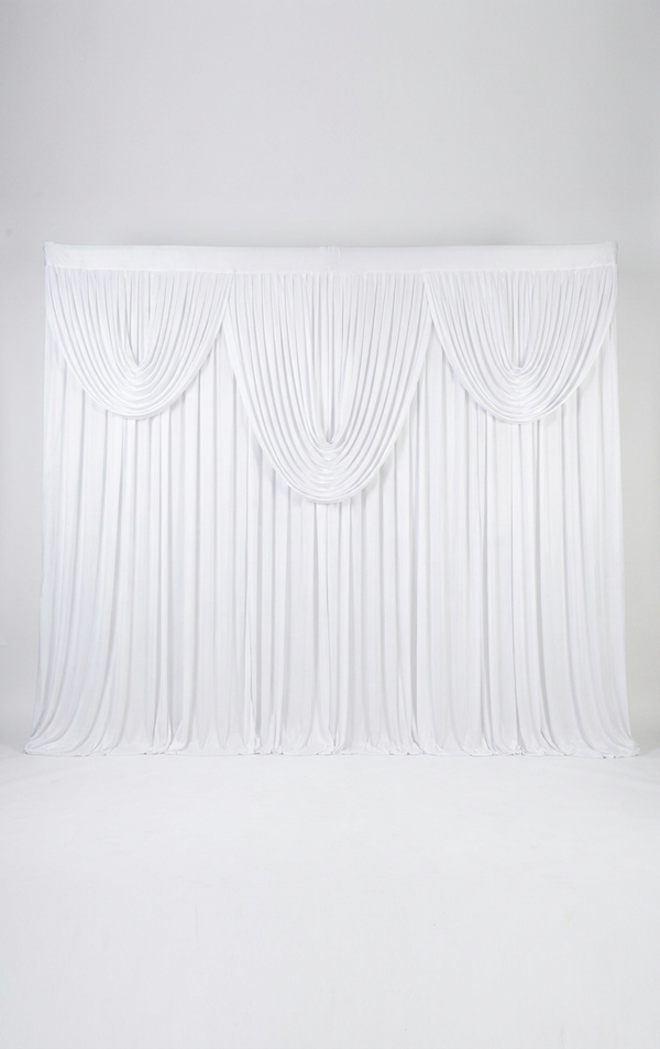 Pre-swagged drapery backdrop with pole pocket from True Backdrops, featuring soft fabric and easy hanging design.