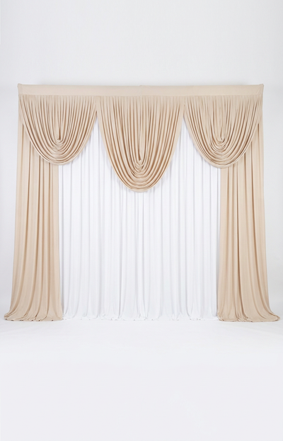 Pre-swagged drapery backdrop with pole pocket from True Backdrops, featuring soft fabric and easy hanging design.