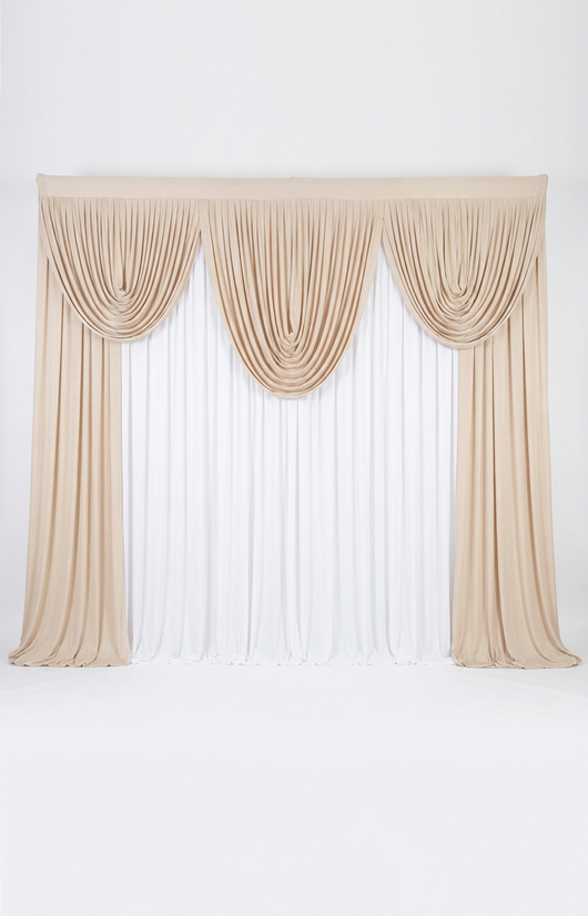Pre-swagged drapery backdrop with pole pocket from True Backdrops, featuring soft fabric and easy hanging design.