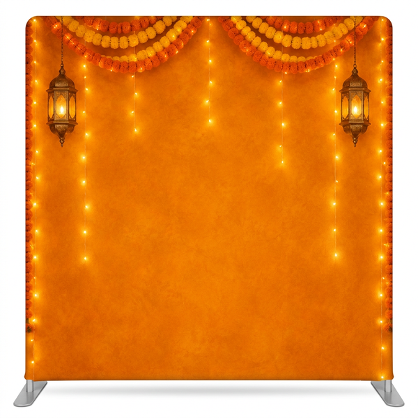 Diwali Marigold Glow Pillowcover Backdrop by True Backdrops featuring vibrant marigold floral design on fabric pillowcover.