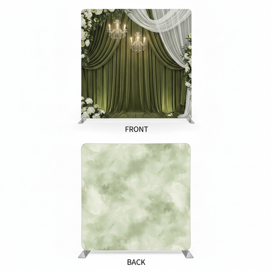 Double-sided Evergreen Morning pillowcover backdrop by True Backdrops, featuring lush green foliage and vibrant floral patterns.
