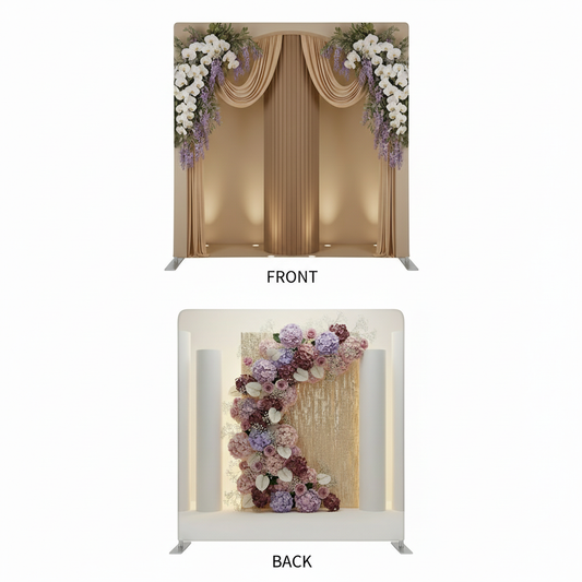 Gilded Petal double-sided pillowcover backdrop by True Backdrops featuring gold floral patterns on both sides.
