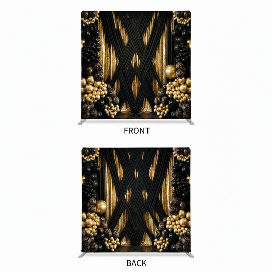 Double-sided pillowcover backdrop in midnight gold with intricate patterns, designed for elegant photography settings.