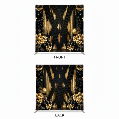 Double-sided pillowcover backdrop in midnight gold with intricate patterns, designed for elegant photography settings.