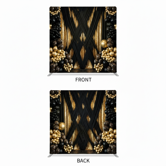 Double-sided pillowcover backdrop in midnight gold with intricate patterns, designed for elegant photography settings.