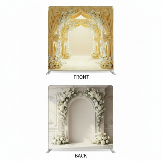 Gilded ivory double-sided pillowcover backdrop by True Backdrops, featuring elegant fabric with gold accents and intricate details.