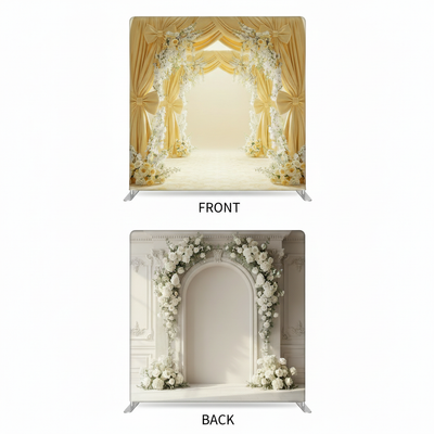Gilded ivory double-sided pillowcover backdrop by True Backdrops, featuring elegant fabric with gold accents and intricate details.