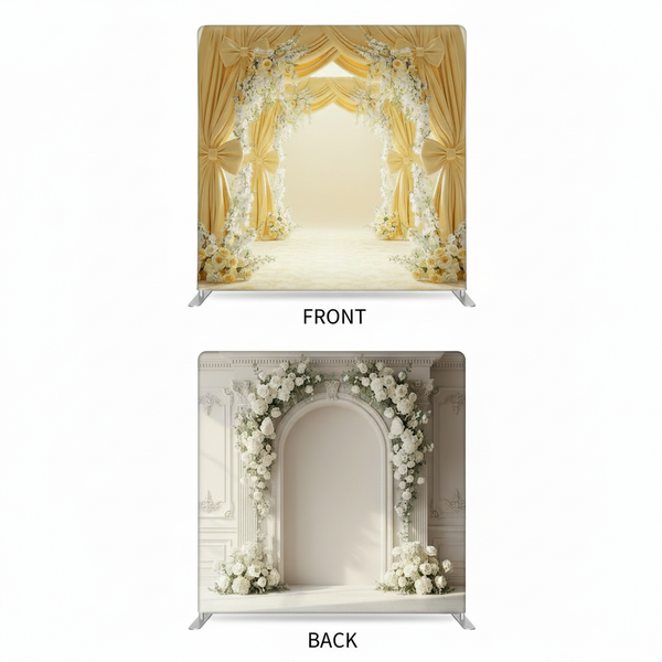 Gilded ivory double-sided pillowcover backdrop by True Backdrops, featuring elegant fabric with gold accents and intricate details.