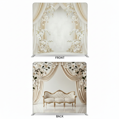 Ivory Magnolia double-sided backdrop pillowcover by True Backdrops, showing detailed floral pattern on both sides.
