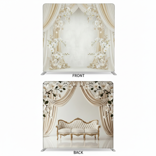 Ivory Magnolia double-sided backdrop pillowcover by True Backdrops, showing detailed floral pattern on both sides.