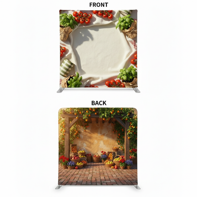 Sicilian Amalfi double-sided pillowcover backdrop by True Backdrops showing vibrant seaside scenes on both sides.