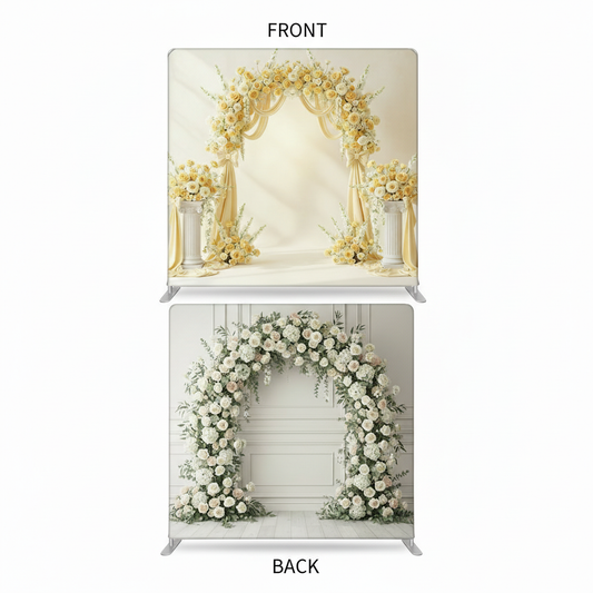 Gilded Everlasting Double-Sided Pillowcover Backdrop by True Backdrops, showing intricate gold designs on both sides.