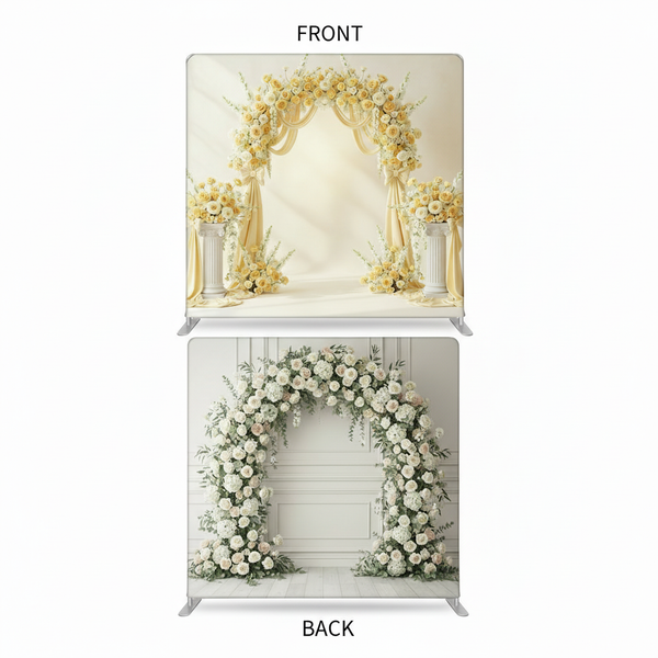 Gilded Everlasting Double-Sided Pillowcover Backdrop by True Backdrops, showing intricate gold designs on both sides.