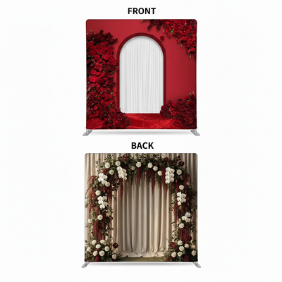 Crimson heirloom double-sided pillowcover backdrop by True Backdrops, featuring rich red fabric on both sides for versatile decor.