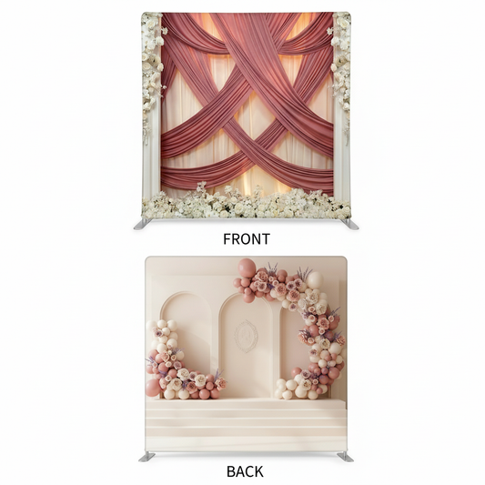 Double-sided blushing petals backdrop pillowcover by True Backdrops, featuring soft floral design on both sides.