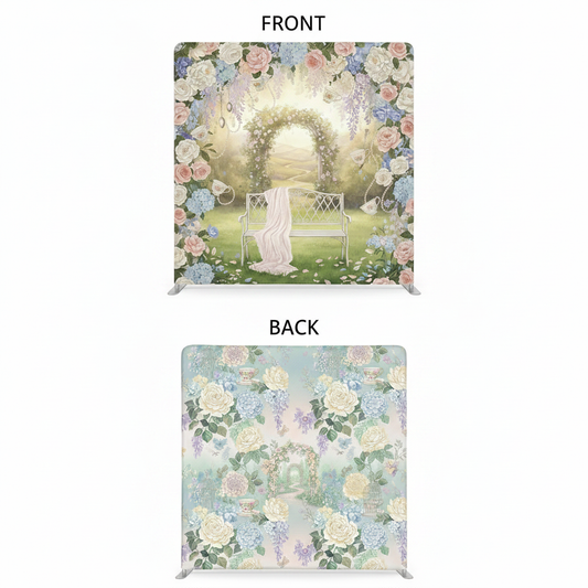 Whimsical porcelain double-sided pillowcover backdrop by True Backdrops, showing intricate porcelain patterns on both sides.