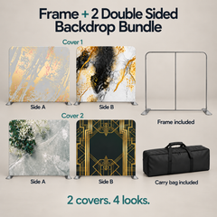 True Backdrops frame with two double-sided tension fabric covers bundle displayed together