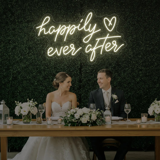 Happily Ever After wedding neon sign by Light Your Way, illuminated LED sign with romantic script for wedding decor.