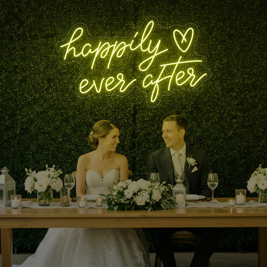 Happily Ever After wedding neon sign by Light Your Way, glowing LED sign with romantic script for wedding decor.