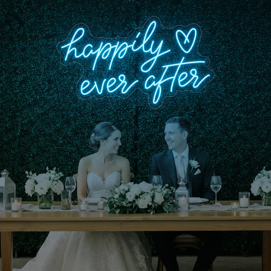 Happily Ever After wedding neon sign by Light Your Way, featuring glowing LED lights with romantic script for special occasions.