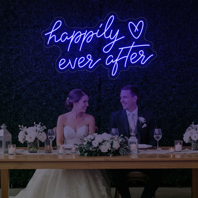 Happily Ever After wedding neon sign by Light Your Way, illuminated LED sign with elegant cursive lettering for wedding decor.