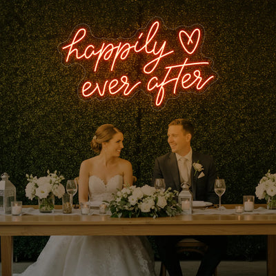 Happily Ever After LED neon sign by Light Your Way, wedding neon sign with cursive script on a dark background.