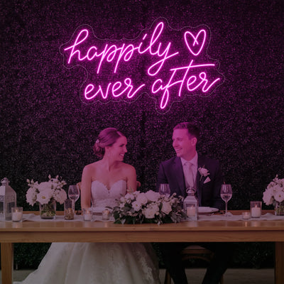 Happily Ever After wedding neon sign by Light Your Way, featuring glowing LED text on clear backing for romantic decor.