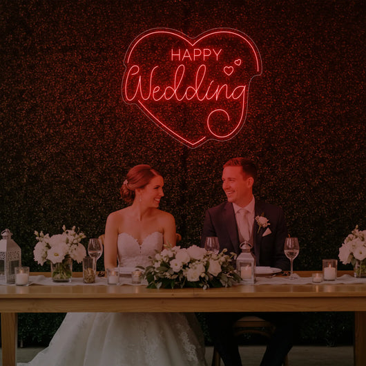 Happy Wedding Heart Neon Sign by Light Your Way, a bright LED wedding neon sign with a heart design for celebration decor.