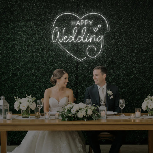 Bright wedding neon sign with "Happy Wedding Heart" design by Light Your Way, ideal for wedding decor and celebrations.