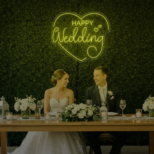 Light Your Way Happy Wedding Heart neon sign, illuminated wedding neon decor with glowing heart design for special occasions.
