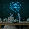 Bright wedding neon sign with "Happy Wedding Heart" design by Light Your Way, featuring illuminated heart-shaped lettering.