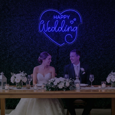 Happy Wedding Heart Neon Sign by Light Your Way, a romantic LED wedding neon sign with a heart and happy wedding message.