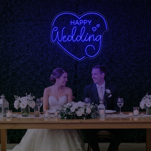 Happy Wedding Heart Neon Sign by Light Your Way, a romantic LED wedding neon sign with a heart and happy wedding message.