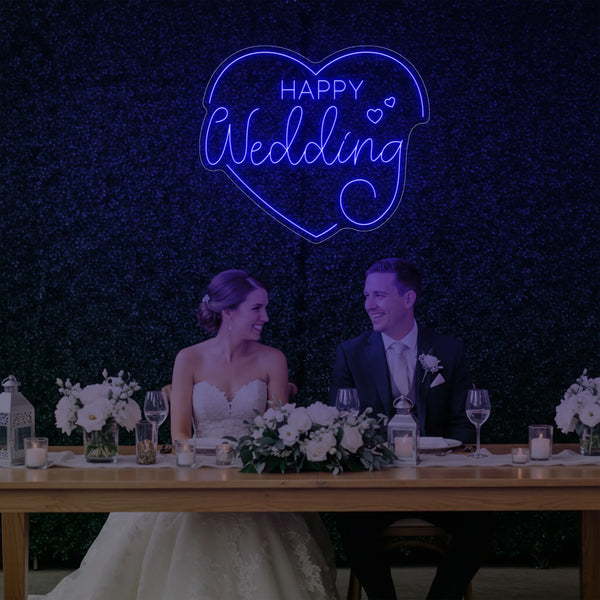 Happy Wedding Heart Neon Sign by Light Your Way, a romantic LED wedding neon sign with a heart and happy wedding message.