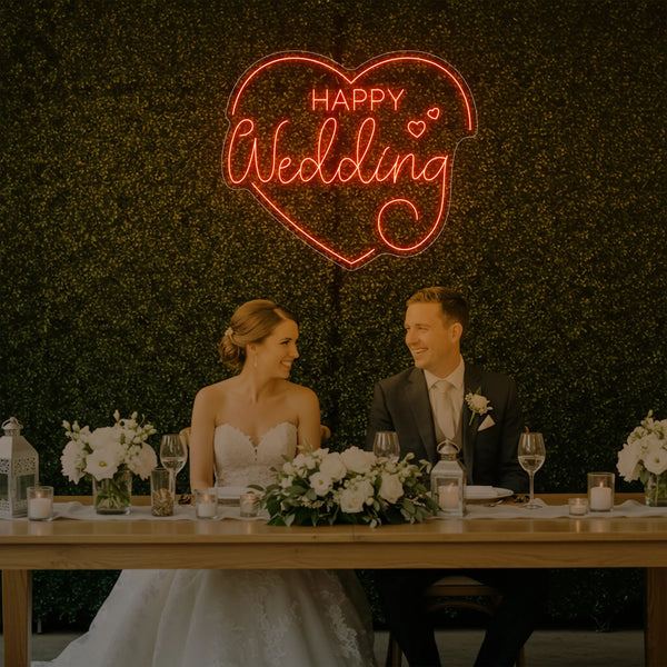 Happy Wedding Heart neon sign by Light Your Way, a romantic LED wedding neon sign with a heart shape for special occasions.