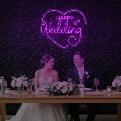 Bright pink "Happy Wedding Heart" neon sign by Light Your Way, ideal for wedding decor and celebrations.