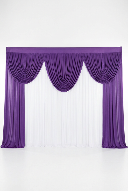 Pre-swagged drapery backdrop with pole pocket from True Backdrops, featuring soft fabric and easy hanging installation.