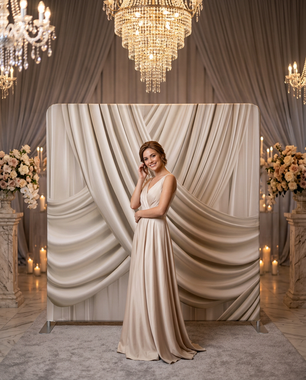 Champagne silk drapes pillowcover backdrop by True Backdrops, featuring elegant silk fabric and soft, luxurious texture in a lifestyle setting.