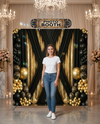 True Backdrops Midnight Gilded Noir Pillowcover backdrop featuring luxurious black fabric with gold accents for elegant decor.