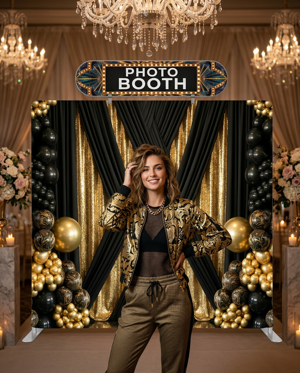 True Backdrops Midnight Gilded Noir pillowcover backdrop with luxurious gold accents on deep black fabric in a stylish bedroom setting