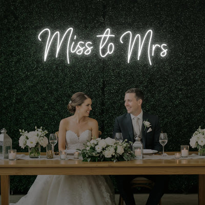 Light Your Way Miss to Mrs Neon Sign, wedding neon sign with bright LED lights, perfect for wedding decor and celebrations.